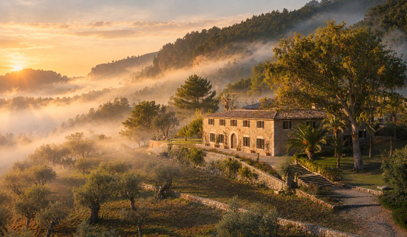 Possessió de piedra sobre olivares en bancales en la Serra de Tramuntana al amanecer, Mallorca
